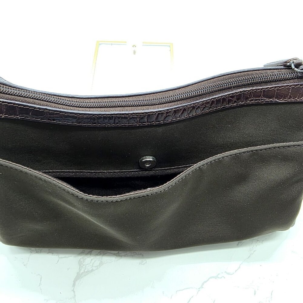 Brighton Shoulder Bag Brown Crocodile Nylon Embossed Leather Trim Purse Zip - Picture 5 of 12